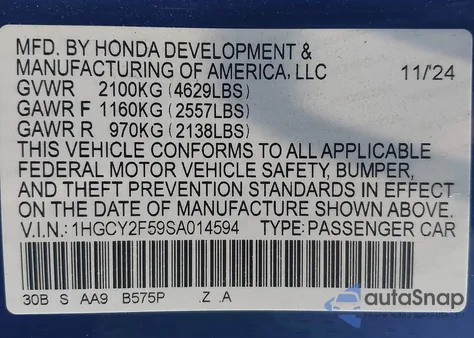 2025 Honda Accord Hybrid Sport из США, поврежденный, VIN 1HGCY2F59SA014594